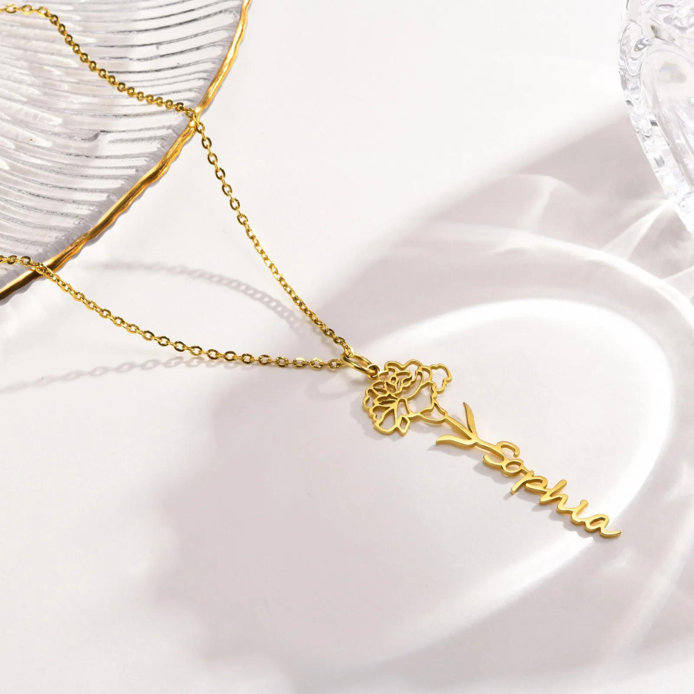 Flower Birth Month Name Necklace