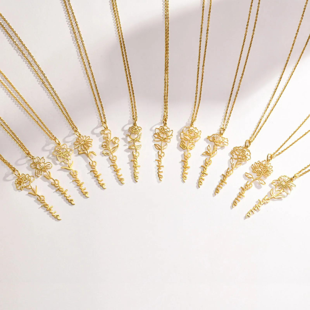Flower Birth Month Name Necklace