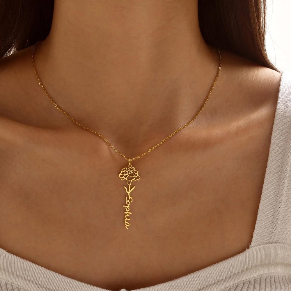 Flower Birth Month Name Necklace