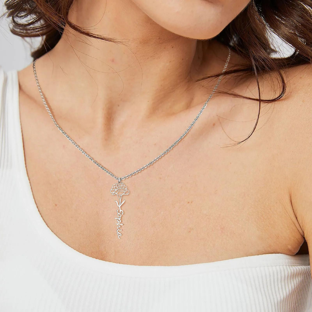 Flower Birth Month Name Necklace